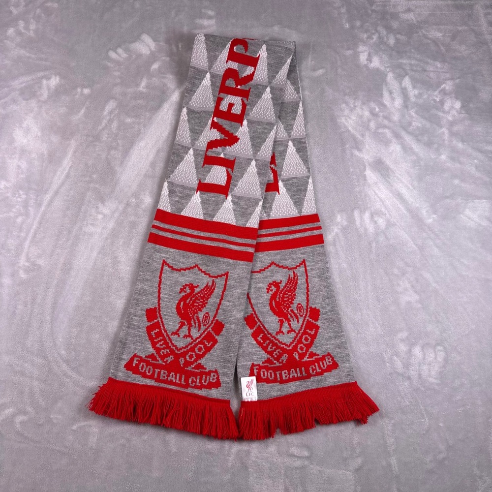 Liverpool FC Official Knit Scarf Grey Red Geometric Crest Fringe Soccer Fan 60"